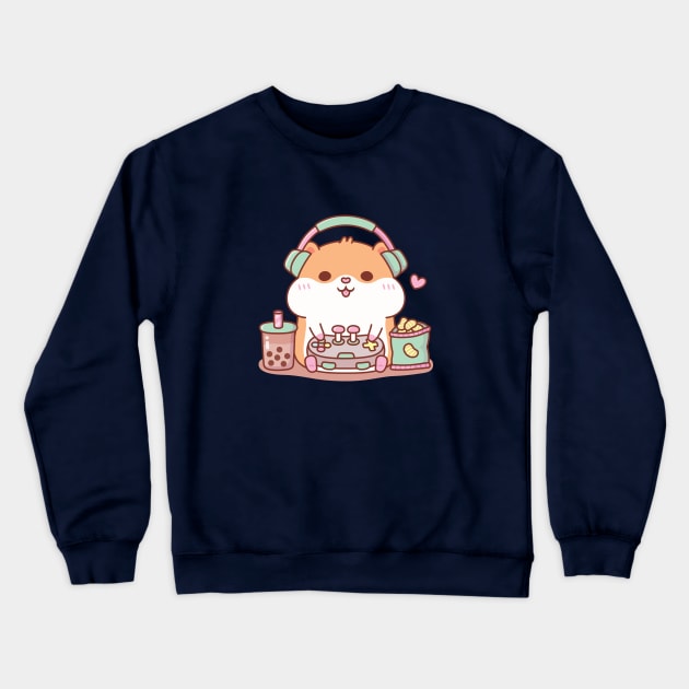 Cute Chubby Hamster Gamer Playing Video Games Crewneck Sweatshirt by rustydoodle